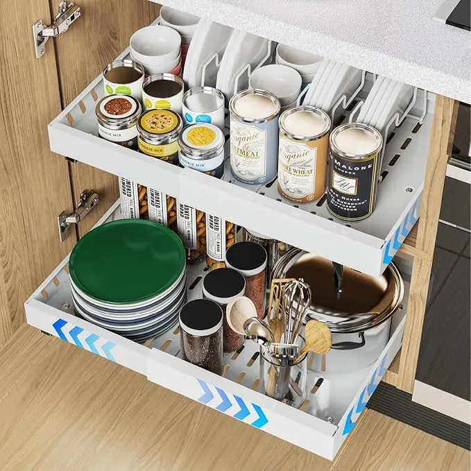Paquete de 2 organizadores de armario extensibles con adhesivo, cajones de 53 cm de profundidad para cocina, 8 estantes para tapas de ollas, ancho ajustable de 32 a 53 cm