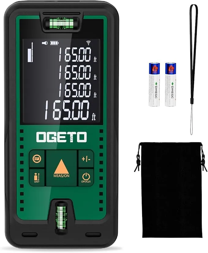 Medidor Láser, OGETO Medidor de Distancia Láser IP54 Herramienta de Medición Digital Portátil Telémetro con Niveles de Burbuja y Gran Pantalla LCD Retroiluminada