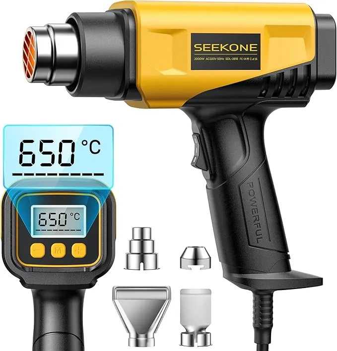 SEEKONE Pistola de Aire Caliente de 2000W con Pantalla LCD Digital, 50℃-650℃ Diseño Compacto y Temperatura de Flujo de Aire Ajustable, con Protección de Sobrecarga y Ideal para Manualidades