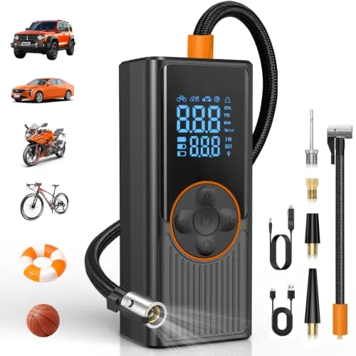 Compresor Aire Portátil 8000mAh, 150PSI Inflador Ruedas Coche | Inflador Eléctrico Pantalla Digital y Luz LED, Apagado Automático, para Coche, Moto, Bicicleta, Pelota