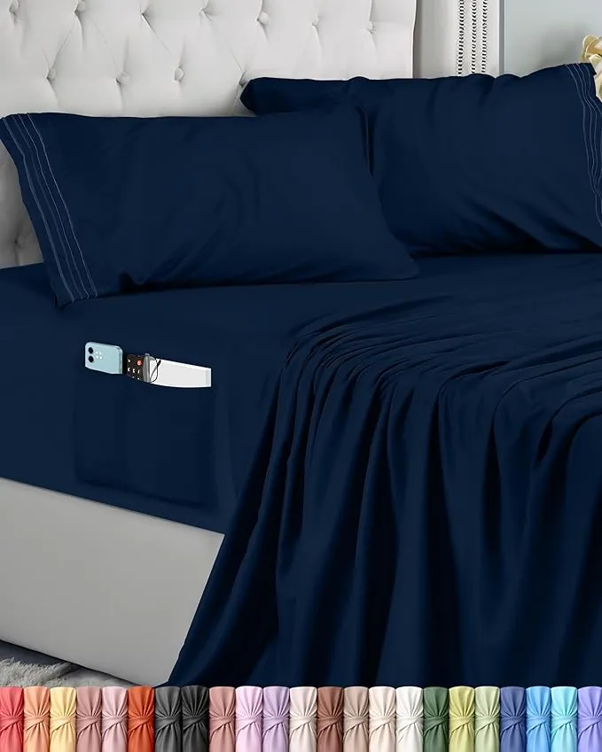 Utopia Bedding Juego de Sabanas 4 Piezas 135x190 - Microfibra De Poliéster, Sábana Bajera con Bolsillos de Almacenamiento, Sábana Plana Y 2 Fundas De Almohada Bordadas (Cama 135, Azul Marino)