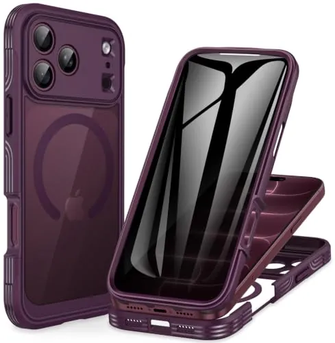CENHUFO Antiespia Funda para iPhone 18 Pro/iPhone 17 Pro [Compatible con MagSafe] Integrado 9H Cristal Templado Pantalla y Protector Cámara, 360 Grados Antigolpes Magnética Carcasa Capa Case -Burdeos