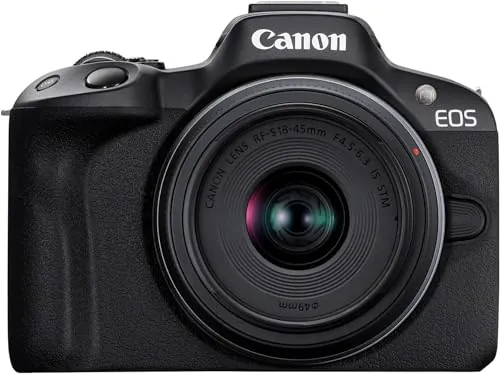 EOS R50 Negro + RF-S 18-45 mm F4.5-6.3 IS STM Lente Cámara sin Espejo para Creadores de Contenido en Movimiento, disparando imágenes fijas