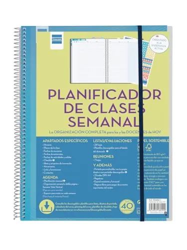 Finocam - Planificador de Clases Semanal | Organiza Hasta 8 Horas | Anualidad sin Fecha | con Pegatinas y 2 Fundas Transparentes | Espiral Metálica | Portada Personalizable, 230x310mm Grande | Español