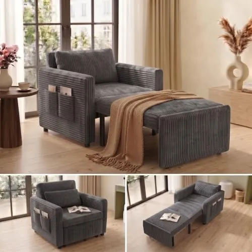 Xbro Sofá Cama 1 Plazas, Sillón Cama Convertible 3 en 1, Gris Oscuro | Tela de Pana, 196CM, Cojín y Bolsillos Laterales, Estructura Metálica, para salón, Dormitorio, balcón y Oficina