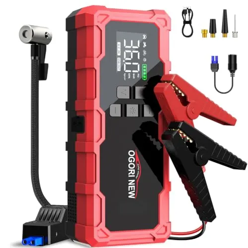 OGORI NEW Arrancador de Coche 9000A,Arrancador de Baterias para Coche 12V con Compresor Aire Portatil(para 10L de Gasolina o 8L de Diésel),Jump Starter con Pinzas de Seguridad Inteligentes/luz LED