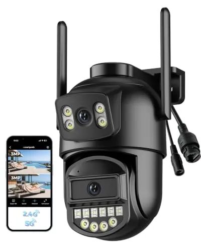ANBIUX Camara Vigilancia WiFi Exterior, con 2K Doble Lente, 2.4/5Ghz Camara Vigilancia,360°PTZ,Ethernet,Visión Nocturna Color,Two-Way Audio,Detección Humana,2m Cable