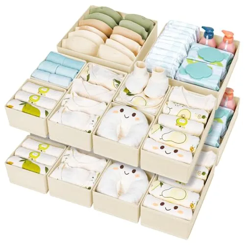 DIMJ Organizador Cajones Ropa Interior - Divisores de Cajones Juego de 15 Cajas Almacenaje Plegables de Tela Para Guardar Ropa, para Sujetadores, Calcetines, Cajas, Armario, Beige
