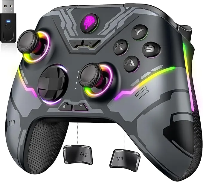 EasySMX X15 Mando PC Inalámbrico con Luz RGB – Gamepad Hall Joystick y Trigger – Regalo Ideal para Amigos en Navidad o Cumpleaños – 1000mAh Batería Recargable para PC/Switch/Móvil/Tableta – Gris