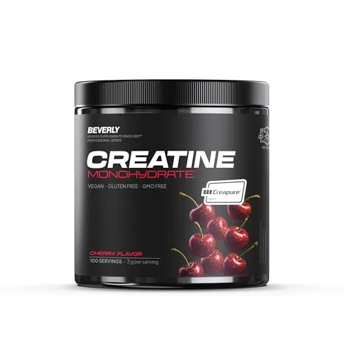 Beverly Creatina Monohidrato Creapure® 300g (100 Dosis) | Micronizada, Alta Pureza Alemana, sin Aditivos, Vegana | Aumenta Rendimiento y Fuerza en Entrenamientos Intensos (Cereza)