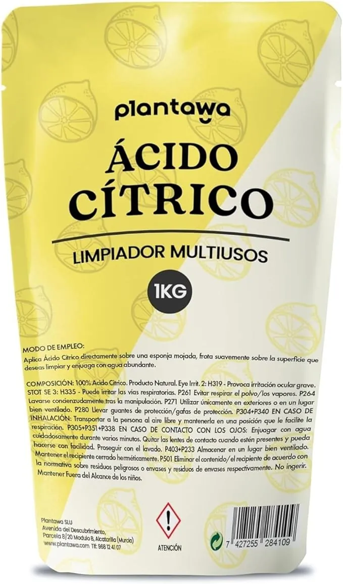 PLANTAWA Ácido Cítrico en Polvo 1 Kg | Acido Citrico para Cocina, Baño y Jardín | 100% Puro y Versátil. Limpiador Multiusos Respetuoso con el Medio Ambiente.