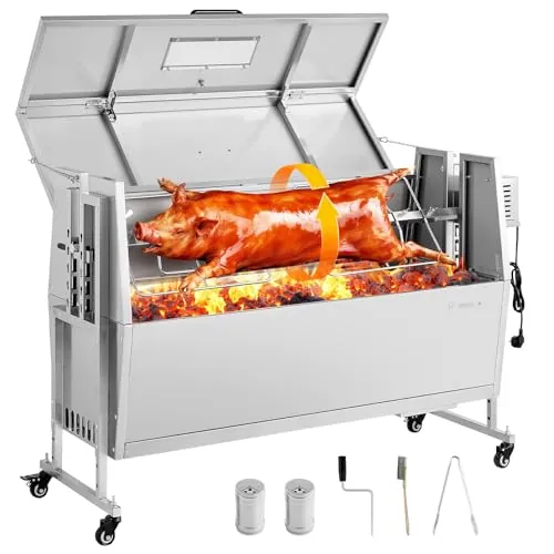 VEVOR Asador Giratorio 1168,4 mm Motor de 38 W, 4 Niveles de Altura, Capacidad de Carga de 60 kg, Parrilla de Acero Inoxidable con Ruedas, Rotación Suave de 360°, para Fiestas, Barbacoas, Acampadas