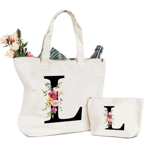 Letras Personalizadas Bolsa de lona, Bolso Tote de Mujer con Inicial y Flores Bolsa de Compras con Bolsillo Interior Alfabeto Bolso de Cosméticos Regalos para Damas Amigas Mamá Regalo Cumpleaños(L)