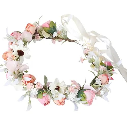 MUNSKT Corona Floral Para Novia Corona Flores Rosa Coronas de Flores Ajustable Individualmente Con Una Correa Accesorios Para el Cabello Para Mujeres (rosa)