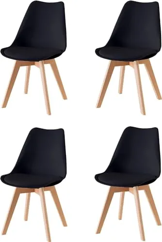 Baroni Home Silla de Comedor o de Trabajo con Patas de Madera, Silla Ergonómica con Cojín Integrado, 50X48X82 cm (Negro, 4)
