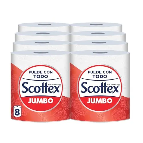 Scottex Jumbo Papel de cocina 8 rollos, eficacia multiusos con envase reciclable y fibras FSC
