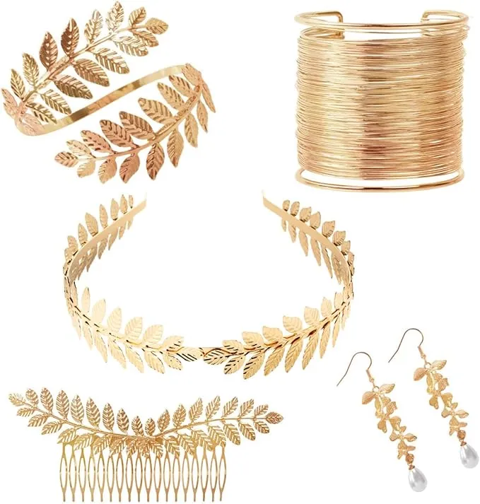 Diosa Griega Accesorios, Diadema Griega Mujer Niña Brazalete Dorado Brazo, Corona Laurel Romana Diadema Dorada Hojas Pendientes Fiesta Boda Disfraz Bandeau Cheveux Diademe