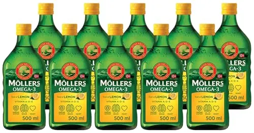 Moller’s ® | Aceite de hígado de bacalao | Complemento dietético con omega-3 EPA, DHA y vitaminas A, D y E | Sabor Limón | 500 ml x 10