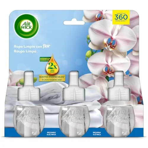Air Wick Eléctrico Recambio de Ambientador Eléctrico, Esencia para Casa con Aroma a Flor-3 unidades, El embalaje puede variar