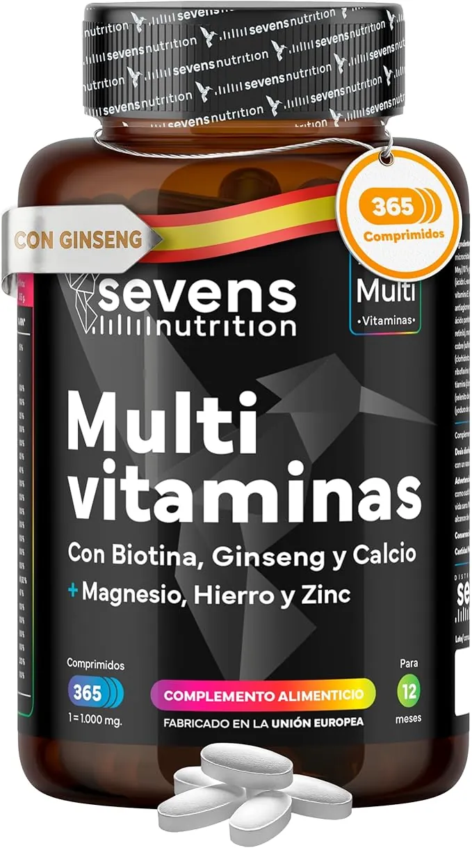 Vitaminas para el Cansancio con Magnesio y Ginseng - Multivitaminas para Hombre y Mujer -365 Comprimidos para 1 año de suministro - Complejo Multivitamínico Completo con Minerales y Ginseng- Sevens