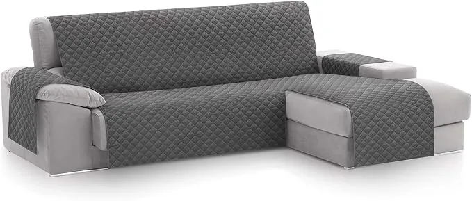 Textilhome CubreSofá Chaise Longue Malu, Protector para Sofás Acolchado Brazo Derecho, Tamaño 240cm. Color Gris (Visto DE Frente), Ideal para Mascotas, Arañazos.