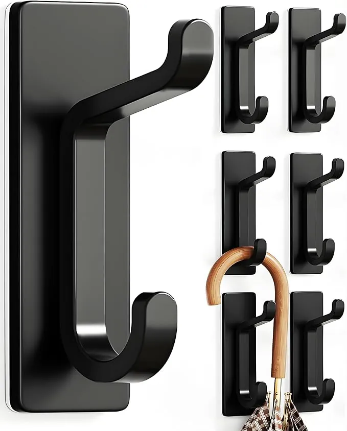 pickpiff Ganchos Adhesivos para Pared, Resistentes 6kg, Sin Taladrar, Impermeable, Colgadores para Baño Cocina Abrigos, Perchas Adhesivas de Acero Inoxidable, Negro, 6 Piezas