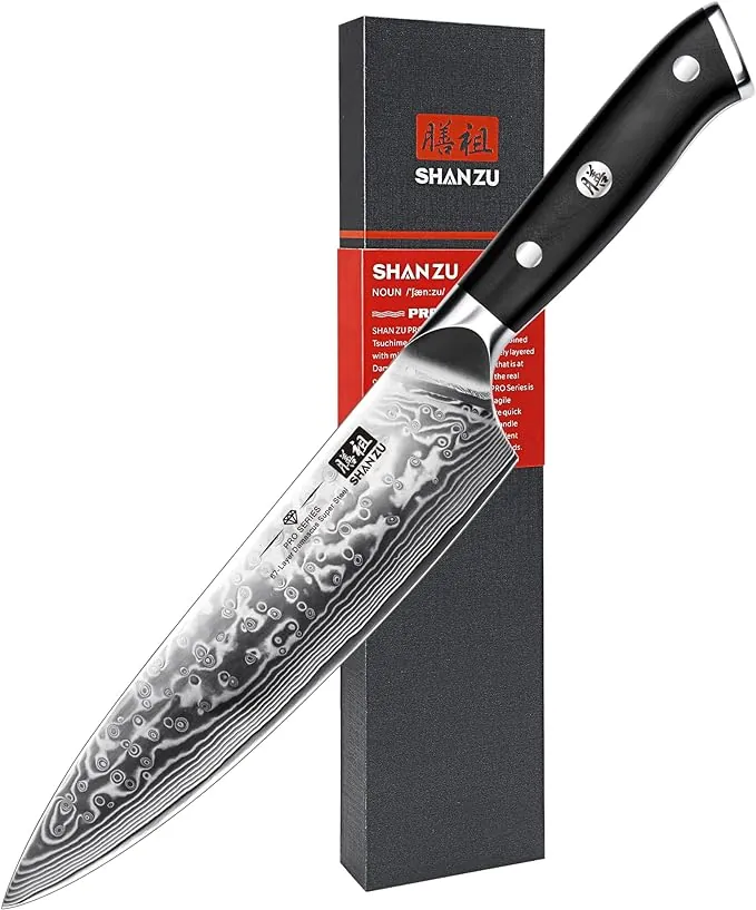 SHAN ZU Cuchillo de Cocina Damasco, 20cm Cuchillo Chef Japones de Acero Damasco de 67 Capas, Mango de Material G10, Cuchillo de Cocinero Profesional para Cortar Verdura, Fruta, Carne - PRO Series