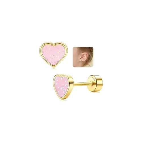 LOLIAS Pendientes Tuerca Titanio Forma Corazón Para Niñas Mujeres Oro 14 Quilates Bonitos Pendientes Pequeños Lentejuelas Hipoalergénicos Regalos Niñas Cartílago Tragus Piercing Oreja