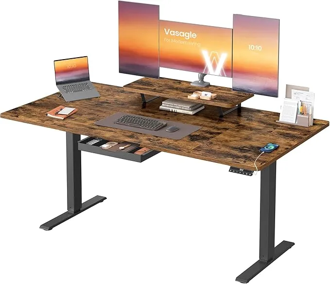 VASAGLE Escritorio Eléctrico Ajustable en Altura, 160 x 80 cm, para Trabajar de Pie, Soporte para Monitor, Cajón, Puerto USB-C, Recordatorio de Sedentarismo, para Oficina, Marrón Rústico LSD156KD01
