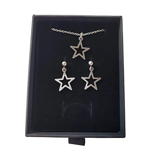 Sandra Complements, Pendientes estrella y Collar Estrella, Conjunto Estrella de collar y pendientes para mujer de acero inoxidable en color plata