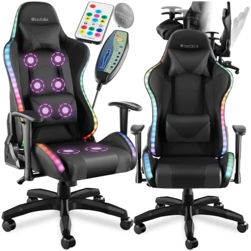 tectake® Silla de Gaming Ergonómica, Respaldo Reclinable, Iluminación LED