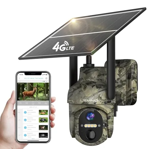 LEMNOI Camara Vigilancia 4G Exterior Solar con Tarjeta SIM Preinstalado sin WiFi, 4G Cámara con 2K Visión Nocturna, Detección de Movimiento, PTZ 360°, Audio Bidireccional, IP66 Impermeable (1 Pieza)