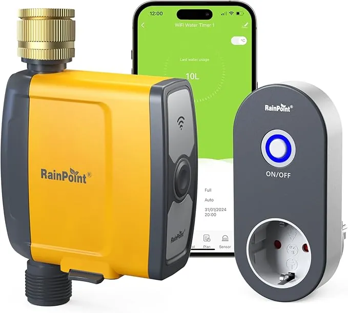 RAINPOINT Programador Riego WiFi 2.4 GHz, Entrada de Latón, Temporizador Riego Automatico WiFi con App/Control por Voz, Riego Basado en Clima/Humedad del Suelo, para Invernadero Jardín