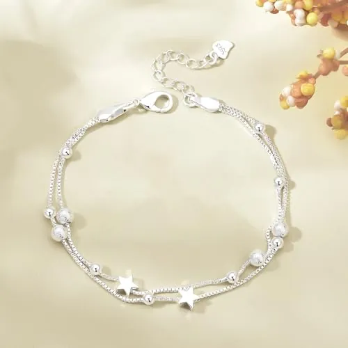 Pulsera de plata de ley 925 con perlas en forma de corazón para mujeres y adolescentes | Pulsera de eslabones de moda | Gran regalo de joyería, ajustable, Acero inoxidable