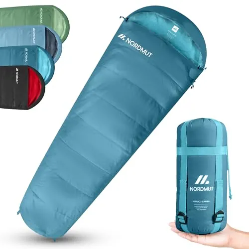 NORDMUT® Saco de Dormir para Adultos: tamaño Compacto y Ultraligero (900/1500 g), 3 Estaciones (250 gsm) de Verano (100 gsm), Tipo Momia (Azul grisáceo/Saco de Dormir de Verano)