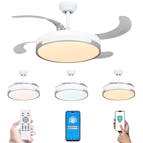 Mi Ko Mi Ka Ventilador de techo 96W con luz LED 60W+DC 36W en 3 Temperatura con Mando a Distancia -Motor DC Eficiente y Silencioso,aspas desplegables, 6 velocidades, control remoto, temporizador.