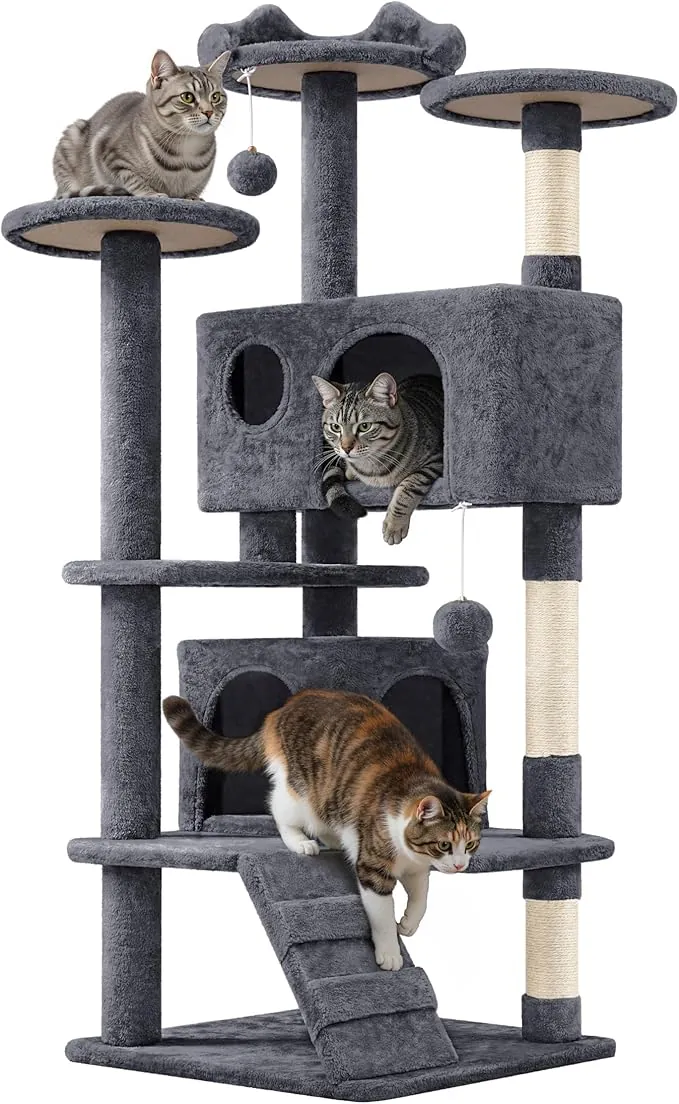 Yaheetech Árbol Rascador para Gatos 139cm con 3 Plataformas 2 Nidos 2 Pompones Torre de Escalador con Postes en Sisal Ideal para 3-4 Gatos Gris Oscuro
