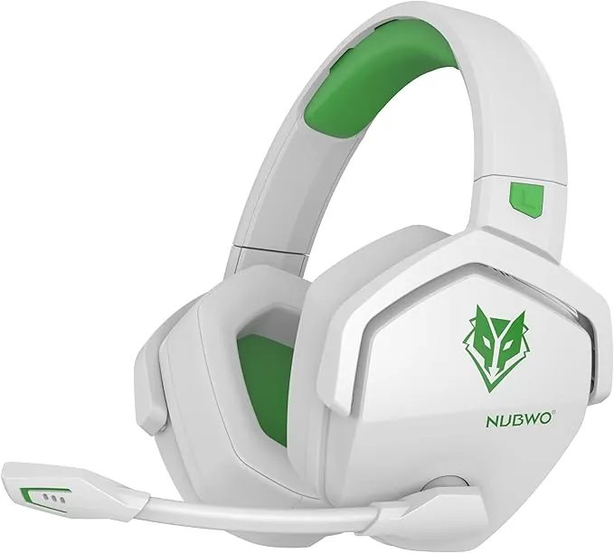 NUBWO G06 Cascos Gaming Inalámbricos con Drivers de 50 mm para PC/Ps5/Ps4/NS,Auriculares Gaming Inalámbricos con 2.4 GHz+Bluetooth 5.3 Modo Dual,7.1 Sonido Envolvente,Duración 100Hr+ - Blanco/Verde