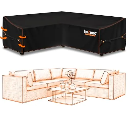 Enzeno Funda para Sofá de Jardín en Forma de L, Impermeable, Resistente al Viento, Cubierta de Lona para Exterior, para Conjunto de sillones de Esquina (255 × 255 × 87 cm)