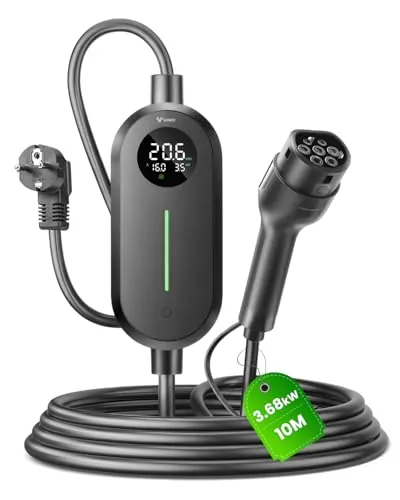 GONEO Cargador EV Tipo 2 Schuko 3,68 kW 16 A, Cable de Carga portátil de 10 m, 1 Fase 230 V, Wallbox móvil con Pantalla LCD, Temporizador e IP66, para ID.3, ID.4, Zoe, Model 3, Q3, X3 PHEV