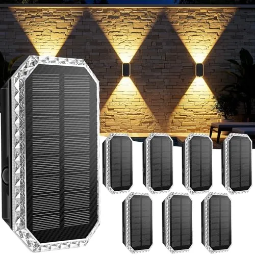 Giliwosy Aplique Solar de Pared, Lámpara Solar Exterior Pack de 8, 3 Colores de Luz IP65 Impermeable, Batería 1200mAh Luces Solares Exterior Decorativas para Jardín, Piscina, Patio y Valla