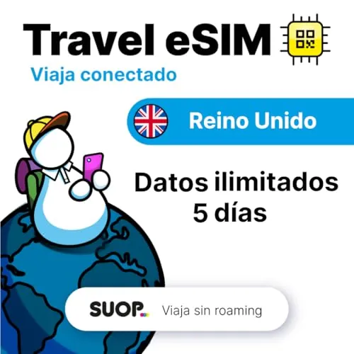 Tarjeta eSIM prepago móvil con Datos ilimitados en Reino Unido. Viaja por UK sin Roaming. Internet móvil de Alta Velocidad 5G. Fácil de Instalar escaneando un código QR (GB ilimitados - 5 días)