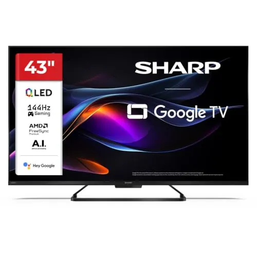 SHARP TV de 43", QLED 4K Ultra HD 144 Hz, Google TV, modelo 43HR7365E | Dolby Vision IQ, Dolby Atmos y DTS:X, VRR, ALLM, HDMI 2.1, procesador AI UltraClear y AQUOS Wireless Surround.