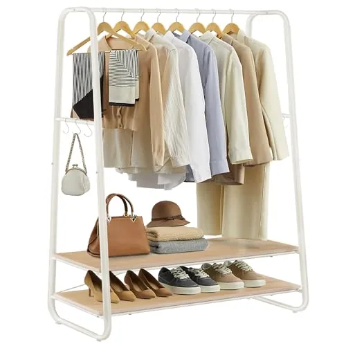 VASAGLE Perchero Burro, Perchero Recibidor con 2 Estantes, 6 Ganchos en Forma de S, Marco de Acero, 45 x 100 x 160 cm, para el Dormitorio, Roble y Blanco Mate RGR112W09