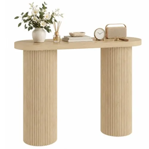 HOMCOM Mesa Consola Moderna con Almacenamiento Oculto 103 cm Roble | Mesa de Recibidor Estrecha con Patas de Columnas, Diseño Acanalado, para Salón, Pasillo, Entrada
