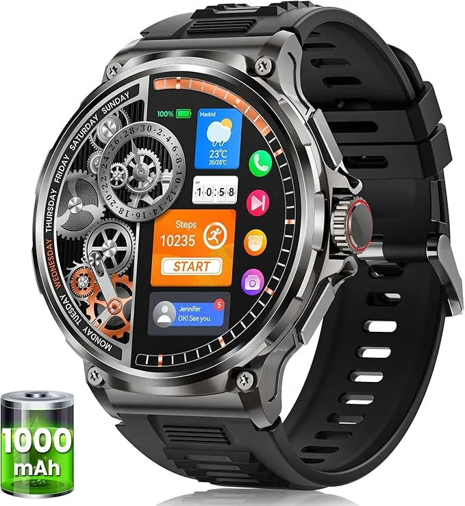 Reloj Inteligente Hombre con 1000mAh Batería, 1.92" AMOLED, 5ATM Impermeable Smartwatch Militar con Llamadas, 120+ Modos Deportivos, 24/7 Pulsómetro/Sueño/Podómetro Pulsera Actividad Android iOS Negro