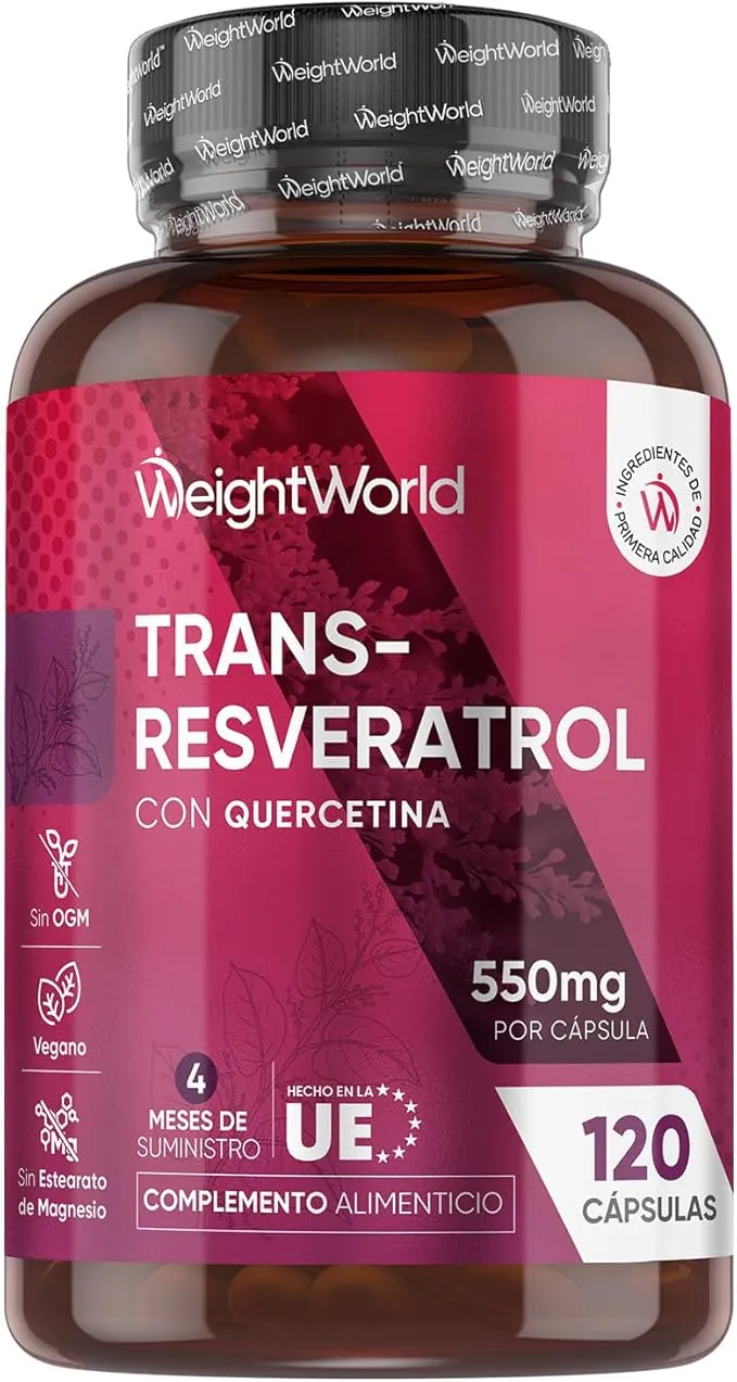 Trans Resveratrol con Quercetina 550mg - 120 Cápsulas de un 98% de Knotweed Japonés y Sophora Japonica - 4 Meses de Suministro - Apto para Veganos y Sin Gluten