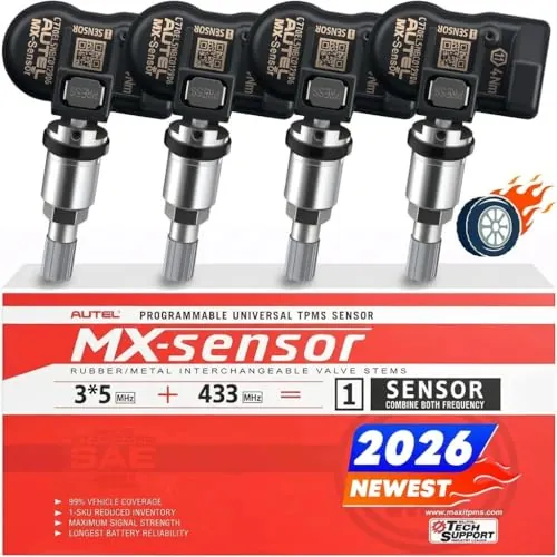 Autel MX-Sensor Doble Frecuencia, Sensores TPMS de Nivel OE para 98% Autos, Funciona con TS408S TS501Pro TS508WF TS601 TPMS Herramienta, Sensor de Neumáticos 100% Programable (Válvula de Metal, 4PCS)