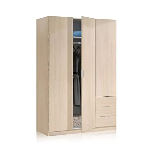 duehome | Armario de 3 Puertas y 3 Cajones, Armario para Dormitorio, Modelo Hexa, Acabado en Roble, Medidas: 121 cm (Largo) x 180 cm (Alto) x 52 cm (Fondo)