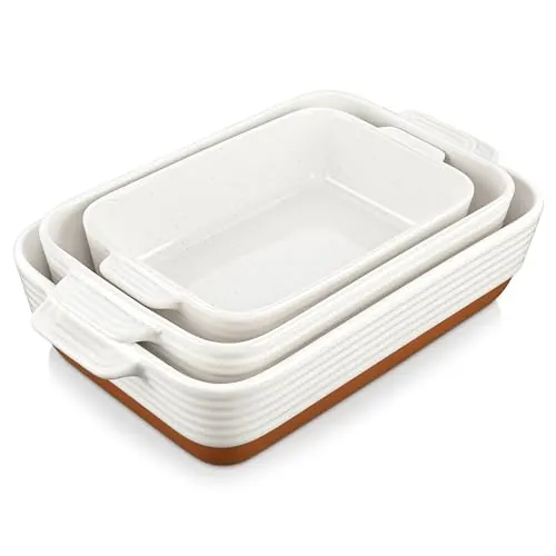 MALACASA Serie TARA, Set de 3 Fuentes de Horno de Gres con Asas, 3800ml, 2700ml y 1450ml, Ideal para Lasañas, Gratinados, Asados y Verduras al Horno, Blanco Vainilla con Esmalte de Sésamo y Caqui